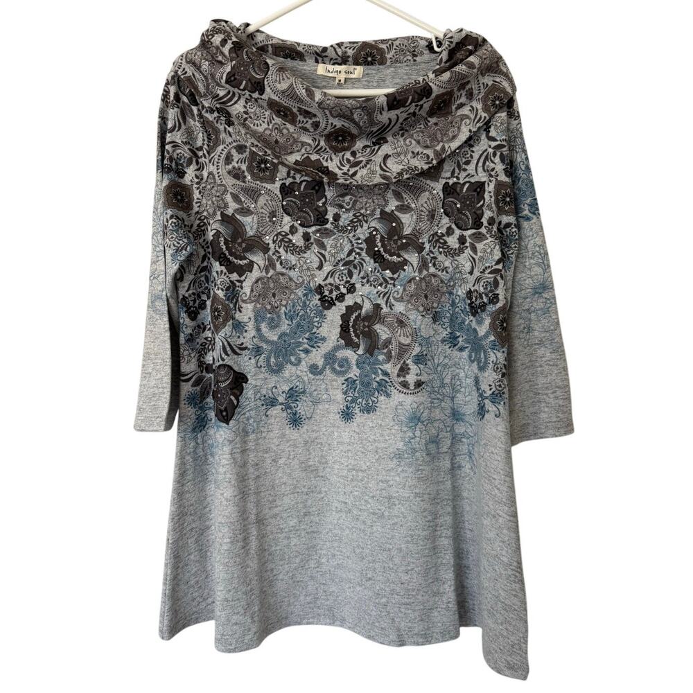 Indigo Soul Floral Cowl Neck Gray‎ Shirt Size Medium NWT